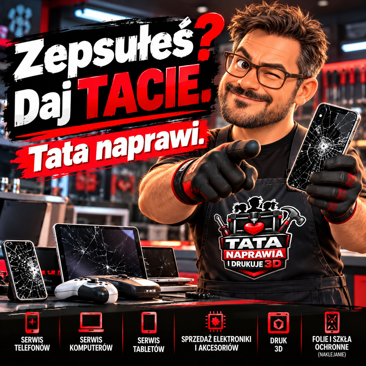 Tata Naprawia i Drukuje3D — serwis telefonów, komputerów, tabletów i konsol we Włocławku